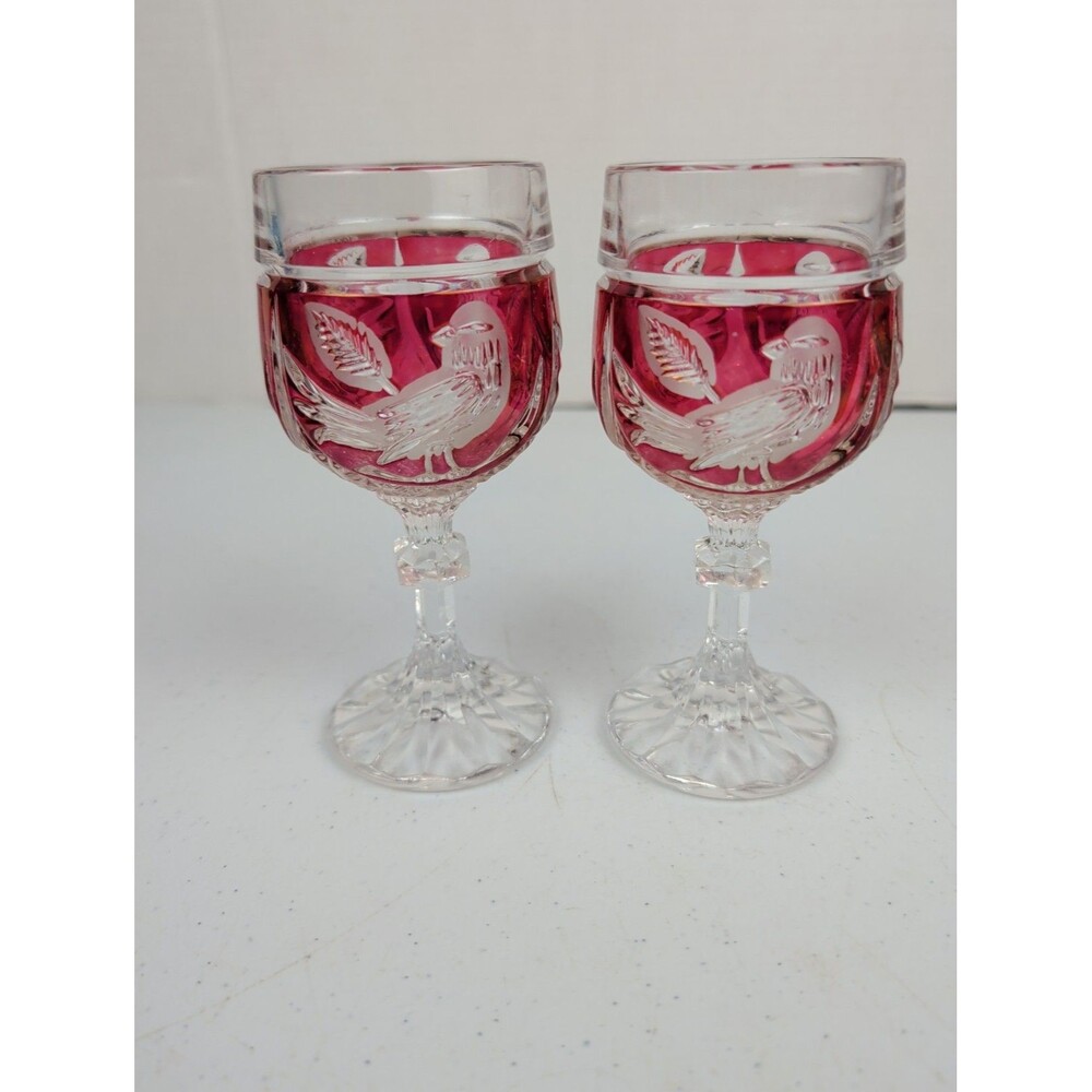 Vtg Cranberry Ruby HOFBAUER BYRD'S Cut To Clear CRYSTAL 8 oz. Wine Glasses Pair
